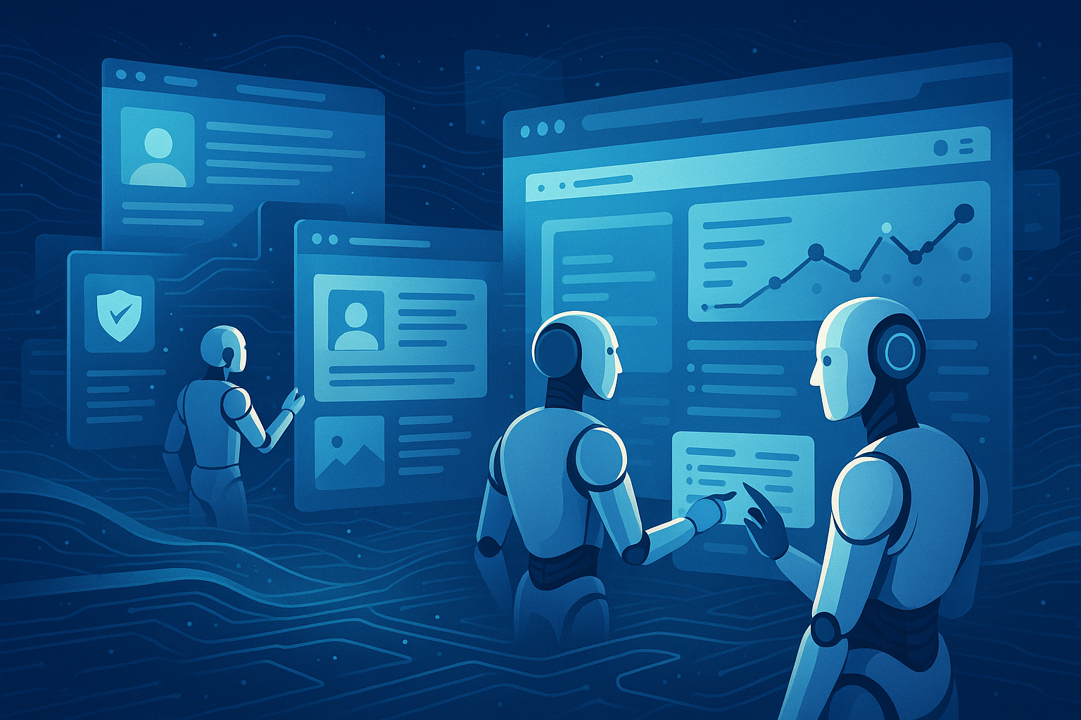 A futuristic digital landscape featuring AI autonomous agents browsing and interacting with websites on the internet