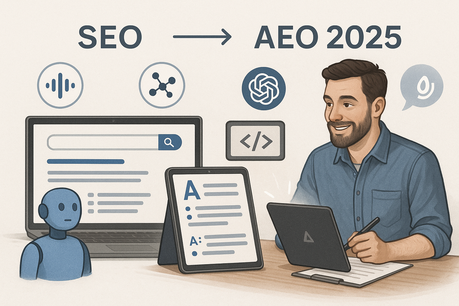 An illustration depicting the evolution from traditional SEO to AI-driven Answer Engine Optimization (AEO) in 2025, featuring AI assistants like ChatGPT, voice search icons, structured content elements (headings, bullet points, FAQs), schema markup symbols, and a confident content creator optimizing for AI with clear, authoritative answers spotlighted on digital devices.