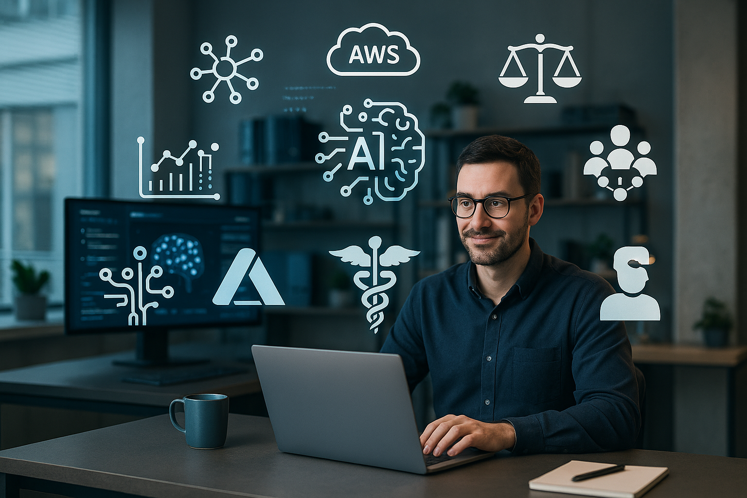 A futuristic digital workspace featuring an AI specialist at the center surrounded by symbols of AI innovation in 2024: intelligent algorithms, data streams, cloud computing icons (AWS, Azure), ethical AI symbols (scales of justice), collaboration elements (teamwork), and diverse AI application domains (healthcare, finance, retail, tech). The image conveys the multifaceted role of AI specialists as problem solvers, data strategists, ethical guardians, and communicators, highlighting their impact on AI deployment, automation, and innovation.