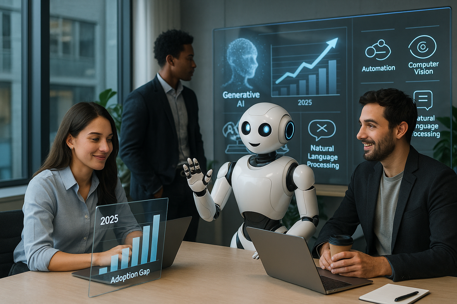 A futuristic business office scene in 2025 featuring a diverse team of professionals collaborating with AI-powered tools including holographic data analytics displays and AI assistant robot