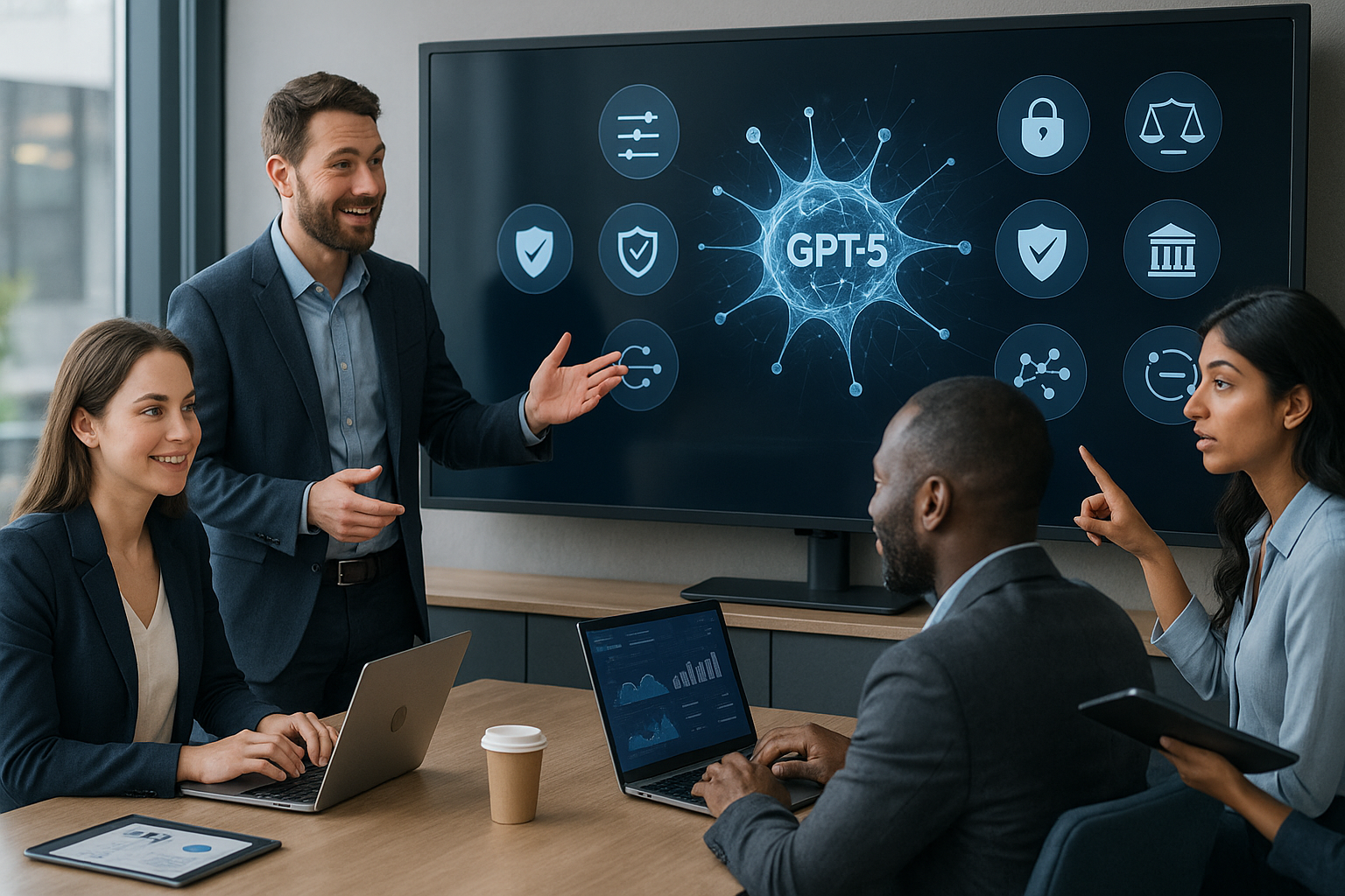 A futuristic business environment featuring diverse professionals collaborating with AI technology, showcasing advanced generative AI models like GPT-5, with icons representing customization, security, compliance, data privacy, industry-specific applications (healthcare, finance, legal), integration into workflows, and continuous AI learning; visually blending innovation, partnership, and trustworthy digital transformation in 2025.