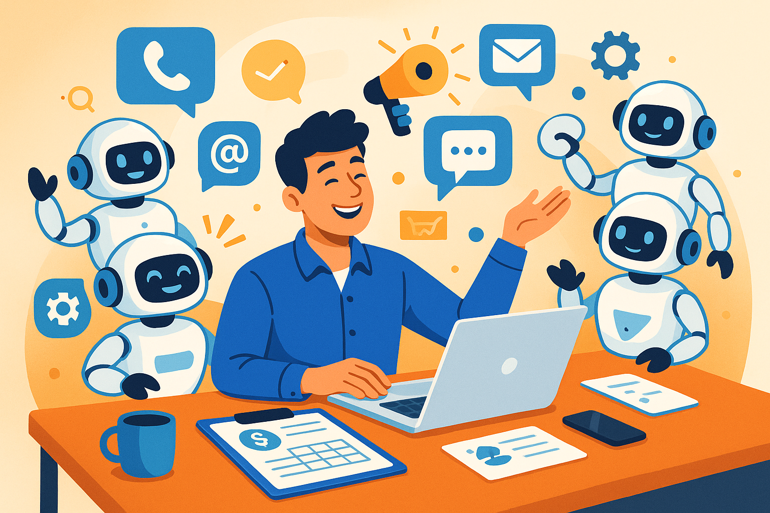 A vibrant and modern illustration showing a small business owner happily managing their business with the help of multiple AI agents represented as friendly digital assistants or robots around them, including symbols of communication, marketing, finance, and customer service in 2025.