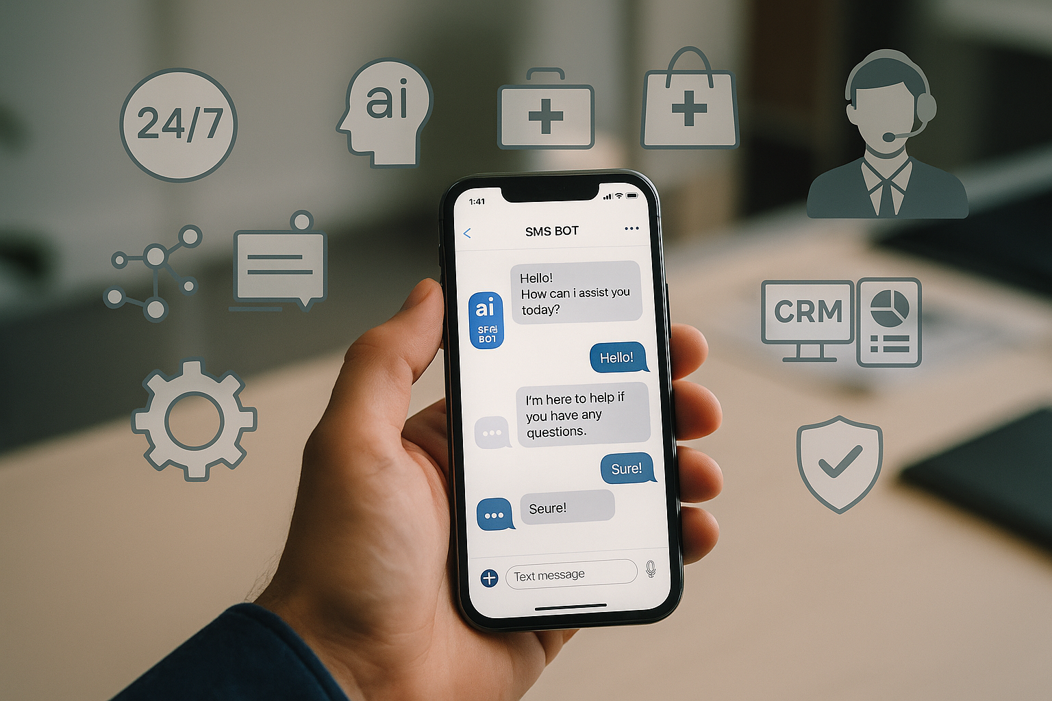 A modern digital communication scene showing a smartphone screen with an AI-powered SMS bot interface actively chatting with customers, surrounded by icons representing key concepts such as 24/7 availability, AI and natural language processing, real-world business applications (retail, medical, banking), automation, integration with CRM and marketing tools, compliance symbols for privacy and regulations, and a human support agent ready to assist; all conveying how SMS bots revolutionize business communication through seamless, intelligent, and cost-effective text messaging automation.