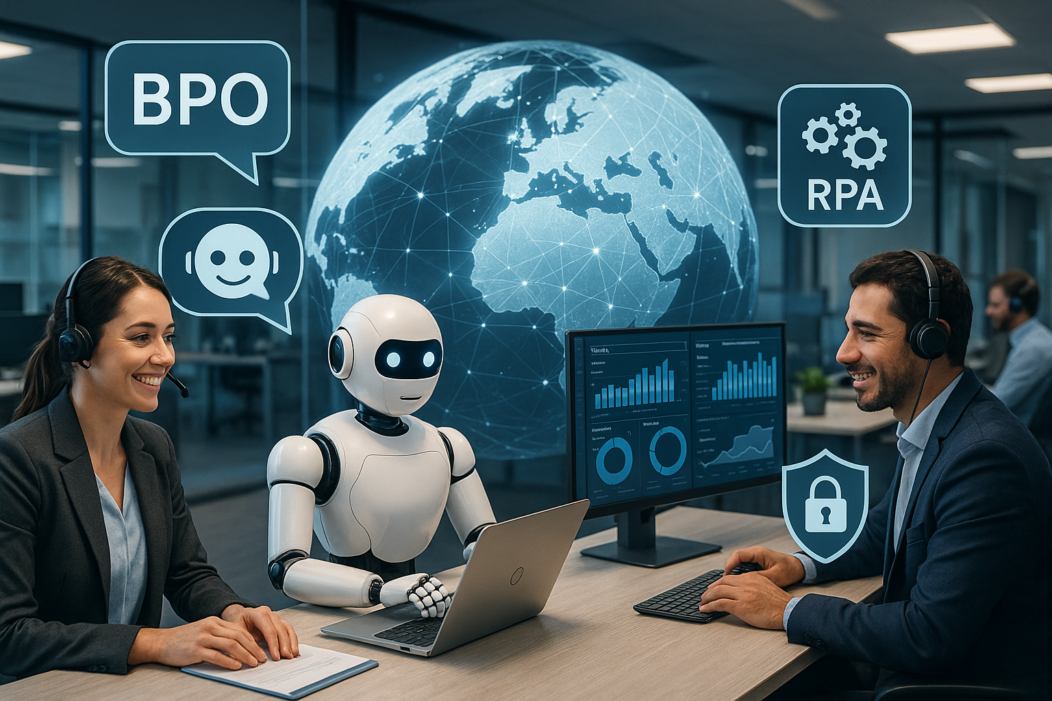 A futuristic business process outsourcing (BPO) center where AI-powered chatbots and virtual assistants collaborate seamlessly with human agents, depicted through digital interfaces, robotic process automation icons, data analytics dashboards, and symbols of secure data privacy and compliance, all set against a backdrop of a connected globe representing global outsourcing and innovation in 2025 and beyond