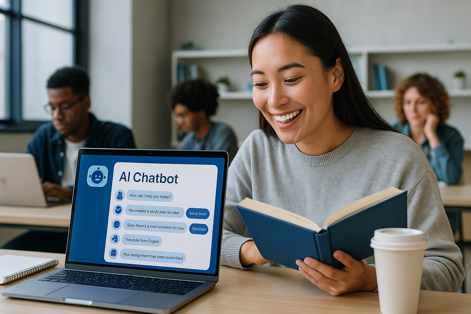 An AI-powered student chatbot acting as a 24/7 study buddy and campus assistant, showing features like instant academic help, personalized study plans, multilingual support, interactive quizzes, administrative task automation, real-time progress tracking, and a friendly, approachable AI interface supporting diverse students.