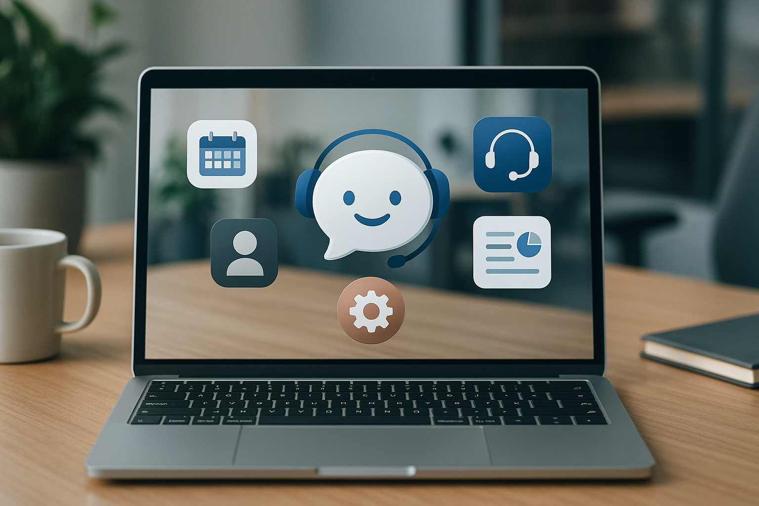 A modern AI chatbot depicted as a digital assistant interacting seamlessly with various business tools and platforms, symbolizing productivity enhancements such as scheduling, customer support, data summarization, HR onboarding, and workflow automation.